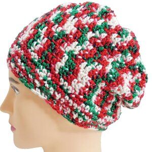 Christmas Baggy Beanie OS Red Green Slouch Hat Handmade Crochet Hand Knit NWT